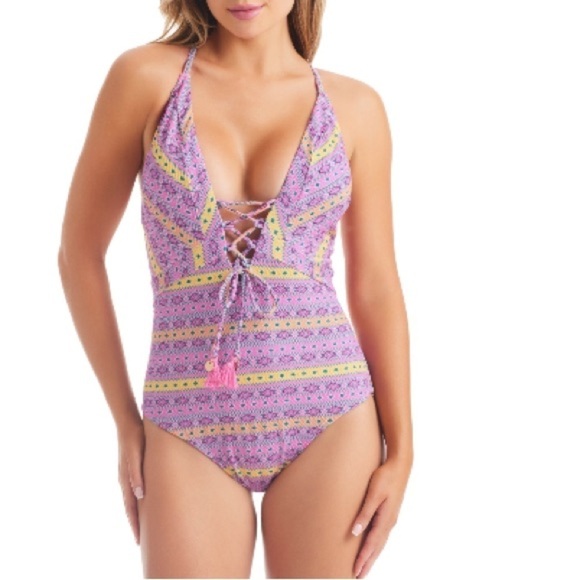 JESSICA SIMPSON Shine Bright Lace-up One Piece Swim Swimsuit swimwear M - Picture 5 of 9